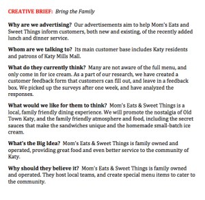 Creative Brief for Mom's Eats and Sweet Things Advertising Campaign *University of Houston Business Development Student Project